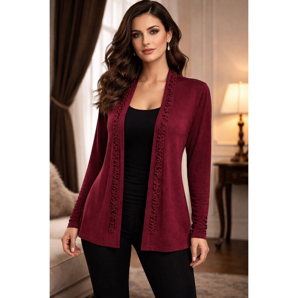 Vikki Vi Burgundy Stretch Ribbed Knit Open Cardigan L/XL Soft luxury minimalist